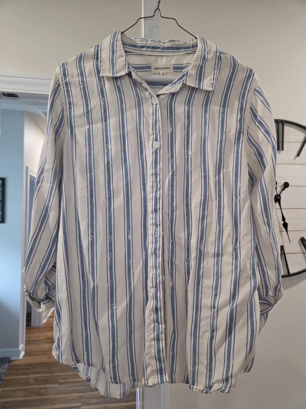 Thread & Supply White Shirt with Blue Vertical Stripes